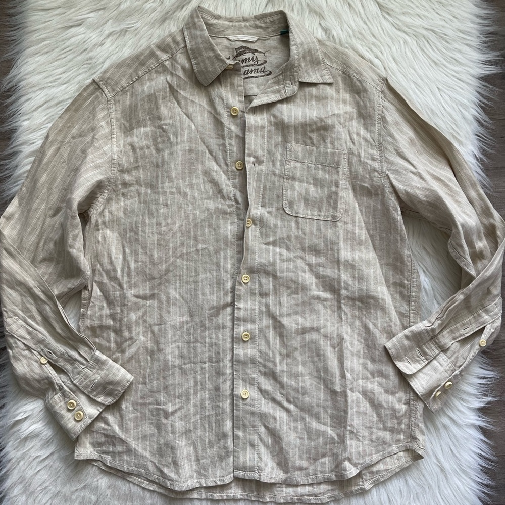 Tommy Bahama Men's Relax tan 100% Linen Button Down Shirt Mens size Medium